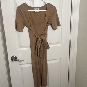 Caramel/Camel colored ribbed knee length dress with front tie